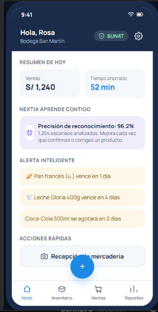 Pantalla de NEXTIA mostrando ventas del día, alertas de inventario y reconocimiento de productos con IA